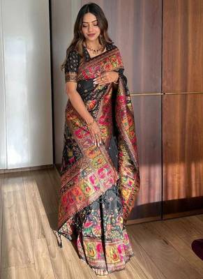 black silk blend saree with kashmiri woven work 5