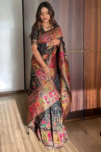 black silk blend saree with kashmiri woven work