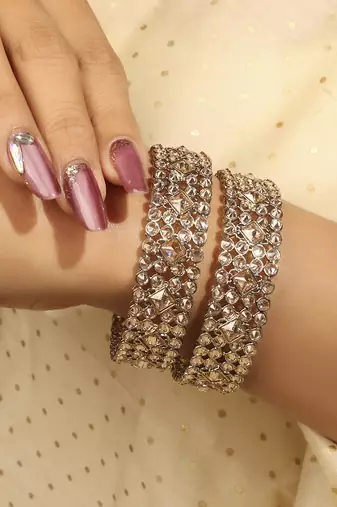 gold plated brown stone bangle set with round & rectangle design