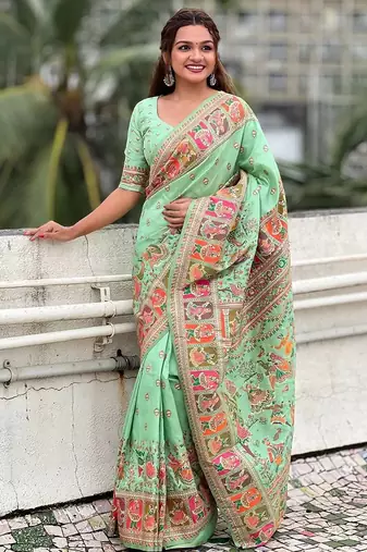 light green silk saree with kashmiri thread work