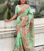 light green silk saree with kashmiri thread work