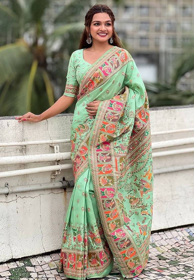 light green silk saree with kashmiri thread work