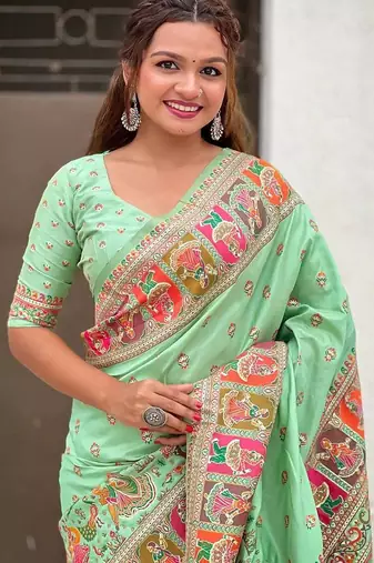 light green silk saree with kashmiri thread work