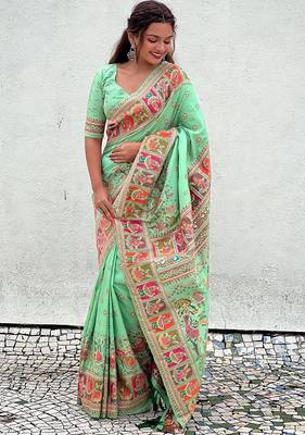 light green silk saree with kashmiri thread work 3