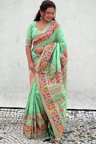 light green silk saree with kashmiri thread work
