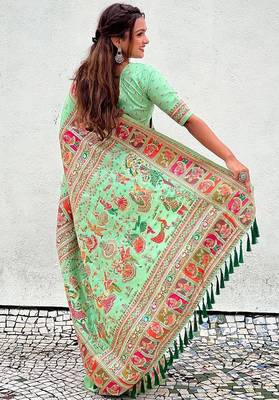 light green silk saree with kashmiri thread work 4