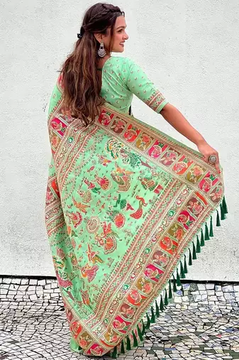 light green silk saree with kashmiri thread work