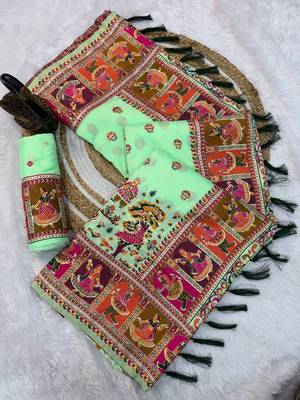 light green silk saree with kashmiri thread work 5