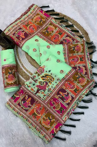 light green silk saree with kashmiri thread work