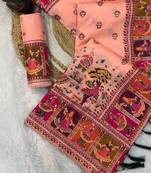 pink silk blend saree with kashmiri woven work