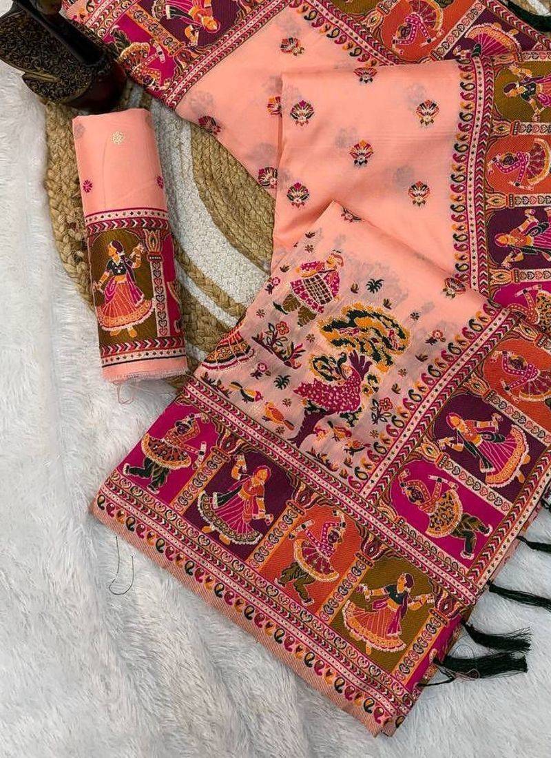 pink silk blend saree with kashmiri woven work