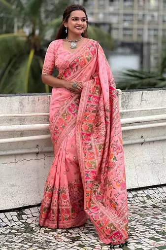 pink silk blend saree with kashmiri woven work