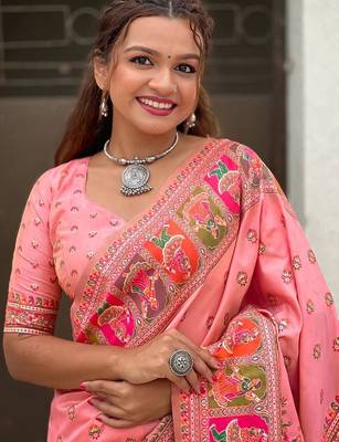 pink silk blend saree with kashmiri woven work 3