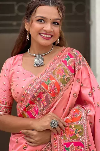 pink silk blend saree with kashmiri woven work