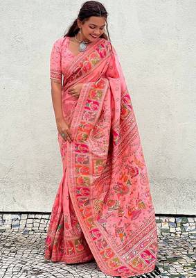 pink silk blend saree with kashmiri woven work 4