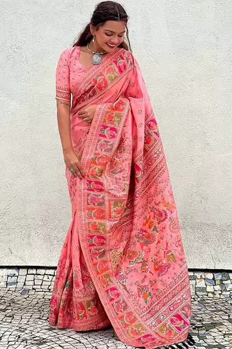 pink silk blend saree with kashmiri woven work