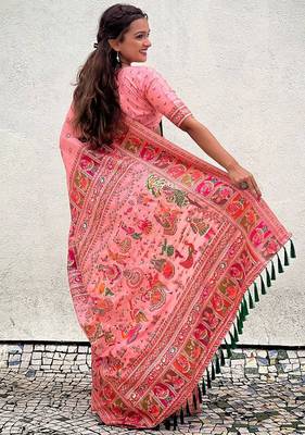 pink silk blend saree with kashmiri woven work 5