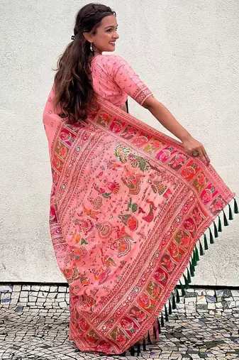 pink silk blend saree with kashmiri woven work