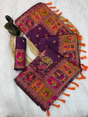 plum silk blend saree with kashmiri woven work 1
