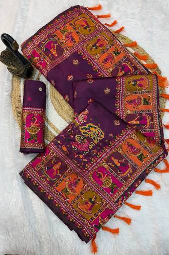 plum silk blend saree with kashmiri woven work