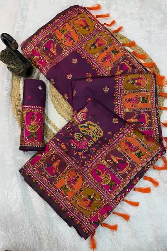 plum silk blend saree with kashmiri woven work