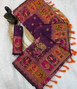 plum silk blend saree with kashmiri woven work