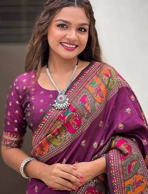 plum silk blend saree with kashmiri woven work 2