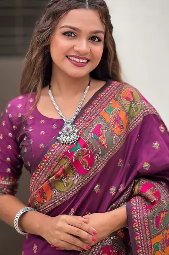 plum silk blend saree with kashmiri woven work