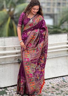plum silk blend saree with kashmiri woven work 3