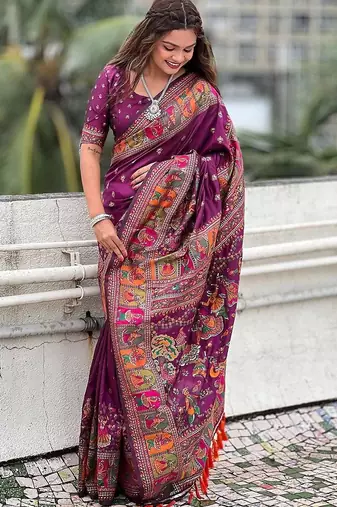 plum silk blend saree with kashmiri woven work