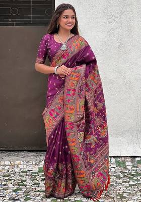 plum silk blend saree with kashmiri woven work 4