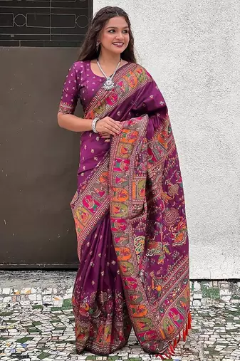plum silk blend saree with kashmiri woven work