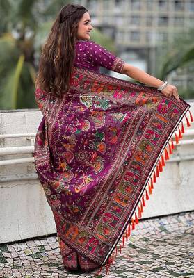 plum silk blend saree with kashmiri woven work 5