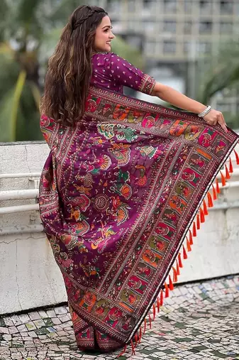 plum silk blend saree with kashmiri woven work
