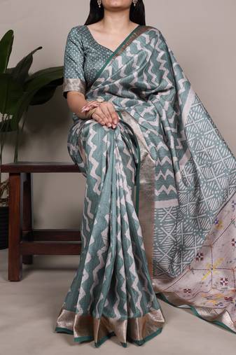 grey tussar silk saree with printed design