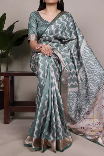 Grey Color Printed Tasar Silk With Viscose Border  Saree