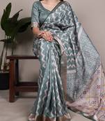 grey tussar silk saree with printed design