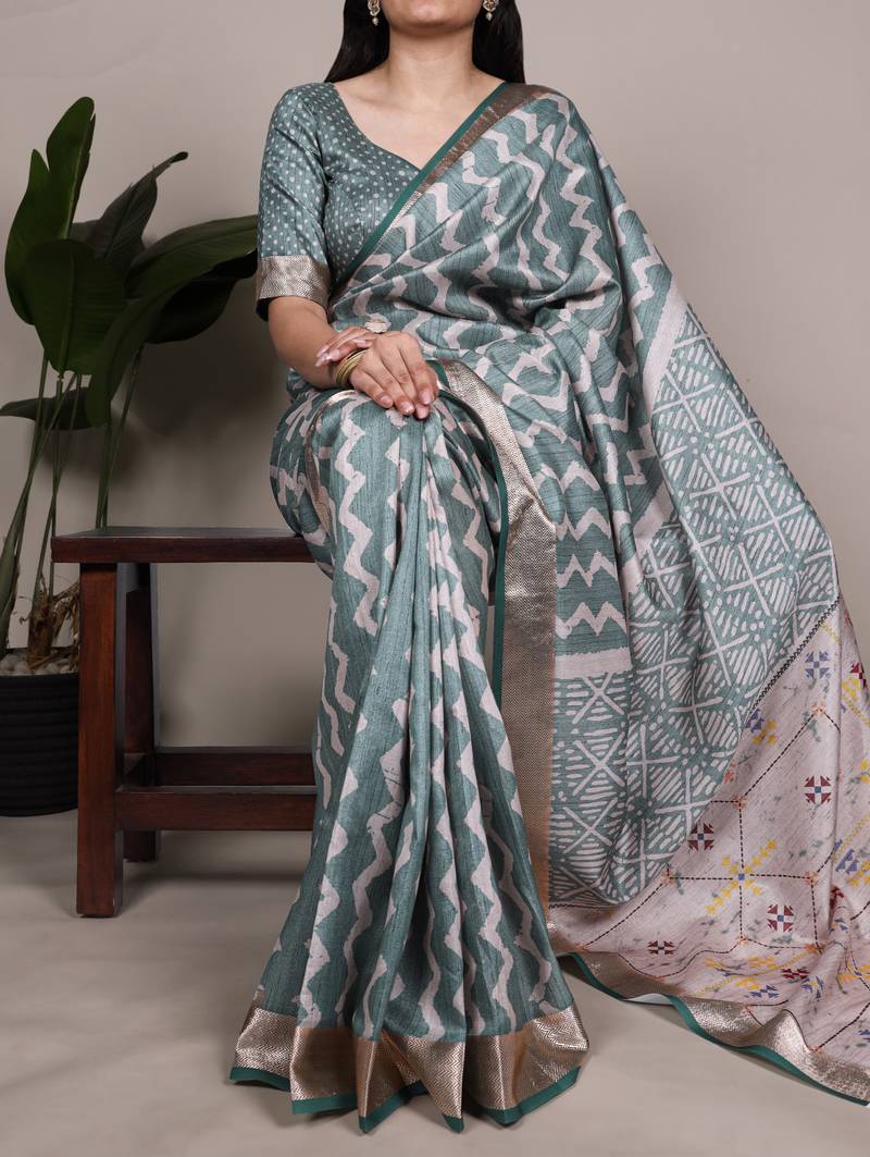 Grey Color Printed Tasar Silk With Viscose Border  Saree