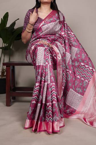 pink tussar silk saree with printed design