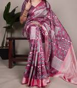 pink tussar silk saree with printed design