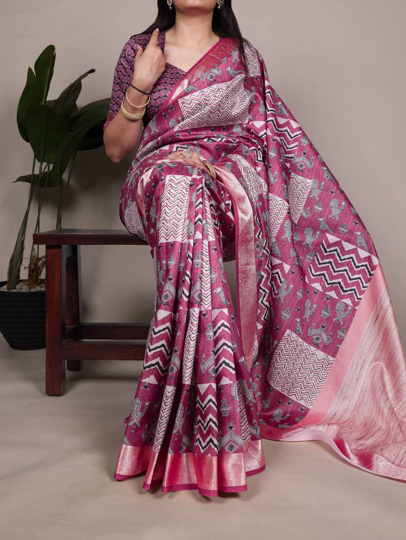Pink Color Printed Tasar Silk With Viscose Border  Saree