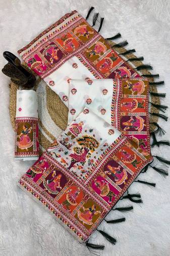 white silk blend saree with kashmiri woven work