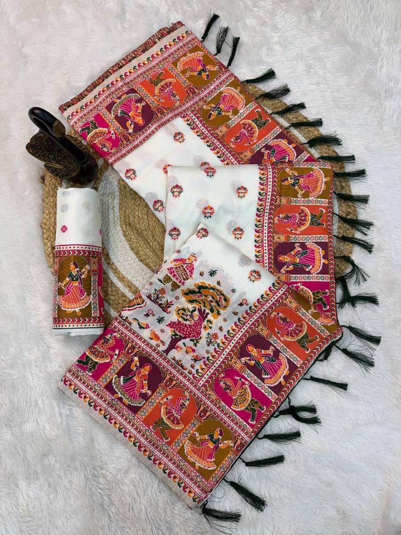 white silk blend saree with kashmiri woven work