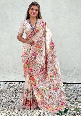 white silk blend saree with kashmiri woven work 3