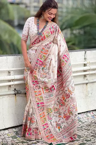 white silk blend saree with kashmiri woven work