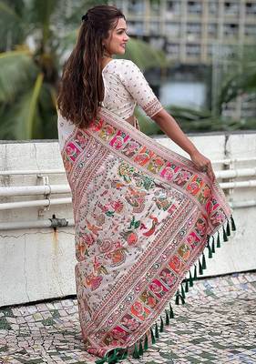 white silk blend saree with kashmiri woven work 5