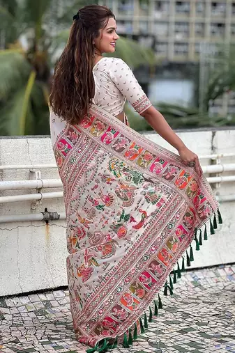 white silk blend saree with kashmiri woven work
