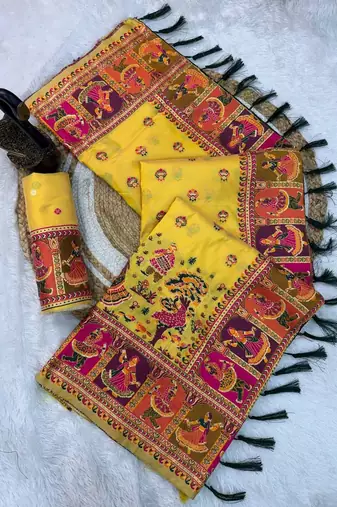 yellow silk blend saree with kashmiri woven work