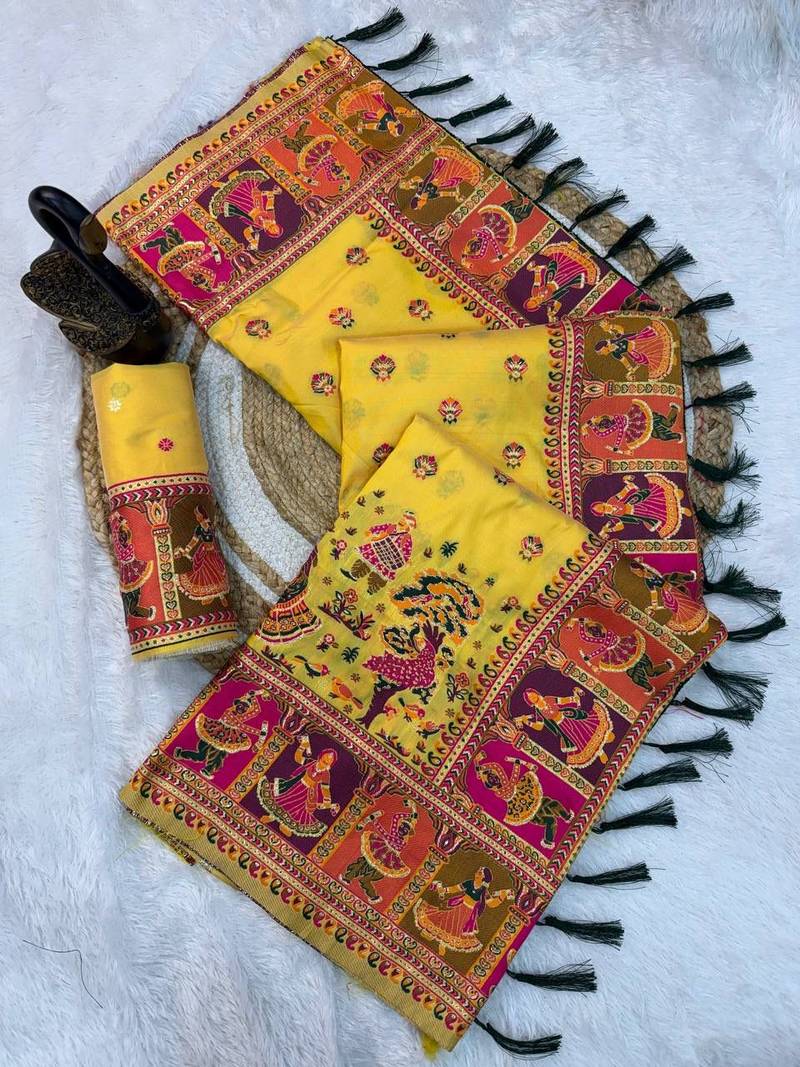 yellow silk blend saree with kashmiri woven work