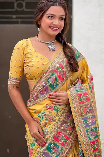 yellow silk blend saree with kashmiri woven work